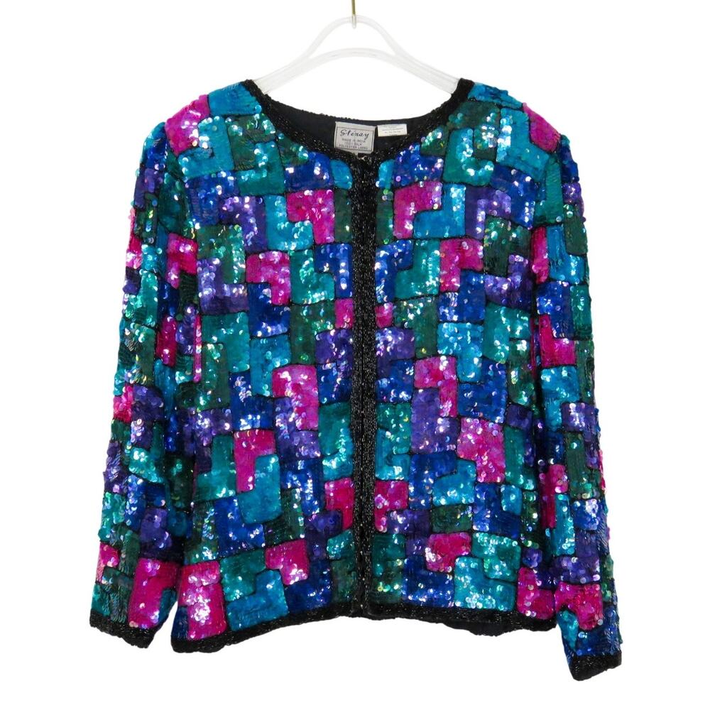 Stenay Vintage Sequin Jacket Multicolor Sequin Silk Blazer Medium Blue